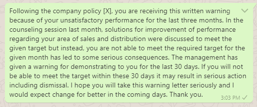 Warning message to distributor for poor performance