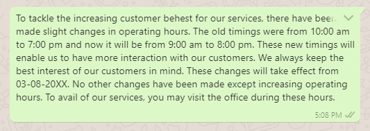 Change of Business Hour Messages