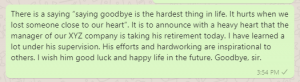 Goodbye message on leaving company