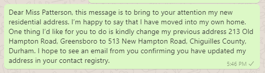 Change of address message to client