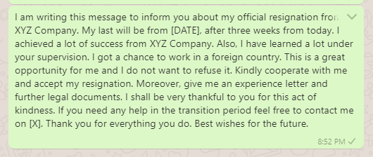 Resignation message to boss
