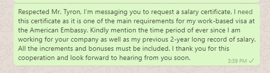 Salary certificate request message to manager