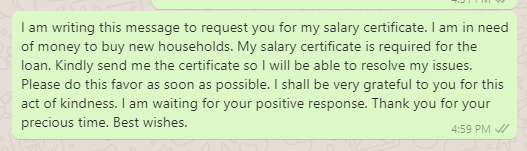 Salary certificate request message
