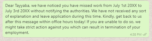 Show Cause Message to Employee for Absence