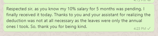 Thank you message to boss for pending salary