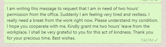 Two Hours Permission Message to Manager