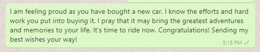 Congratulations message on buying a new car