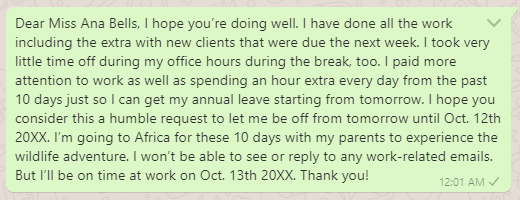 Annual leave message to boss