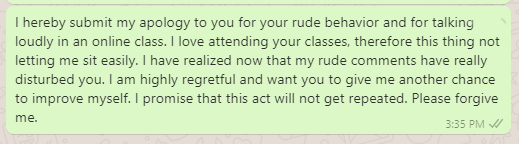 Apology Message to Teacher for Making Noise in Online Class