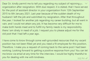 Messages to Previous Employer for Rejoining