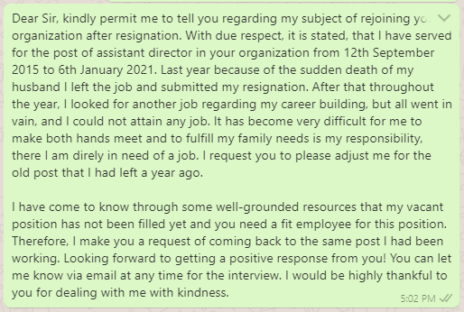 Messages to Previous Employer for Rejoining