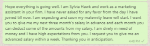 Advance salary request message for maternity