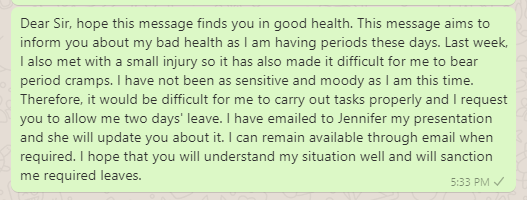 Day off Message due to Menstruation