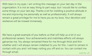 Emotional goodbye message to boss