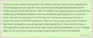 Golf tournament announcement message