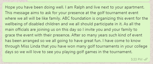 Golf tournament announcement message