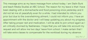 Message of sick leave from school