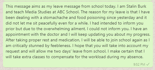 Message of sick leave from school