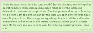 Store hours change message