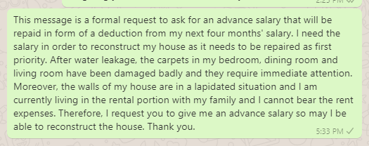 Advance Salary Request Message for House Construction