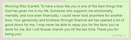 Appreciation message to boss for financial support