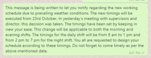 New Work Schedule Message to Staff