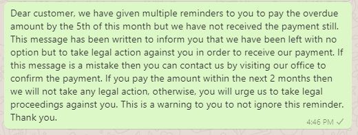 Short message for payment reminder