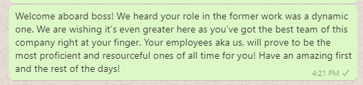 Welcome message for the new boss