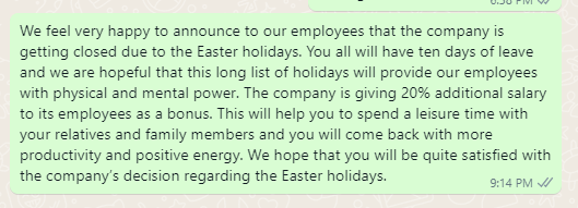 Easter Holiday Message
