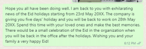 Eid ul Fitr holiday announcement message