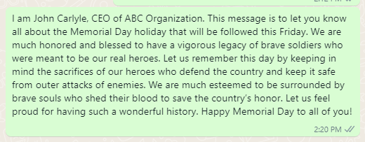 Memorial Day holiday message