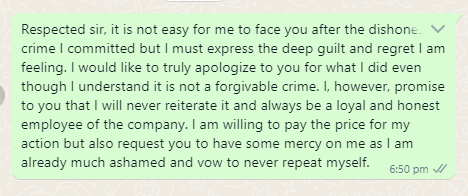 Apology message for submitting fake documents to company