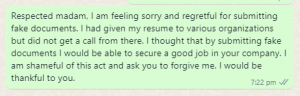 Apology message to boss for fake documents
