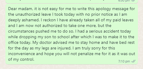 Apology message to boss for unauthorized leave