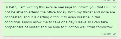 Excuse Message to Boss for not Feeling Well