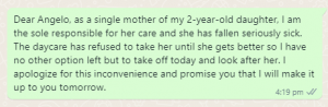 Leave message due to childcare by mother