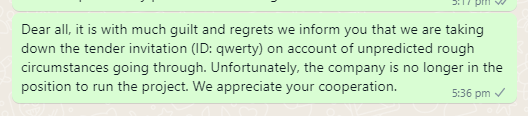 Tender cancellation message