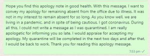 Apology Message of Absence due to Illness