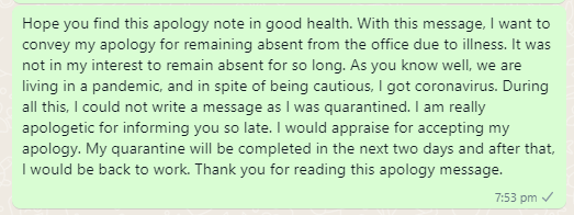 Apology Message of Absence due to Illness