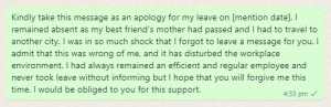 Apology message for leave without permission
