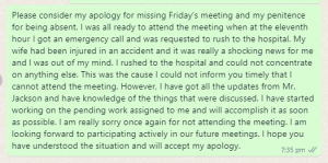 Apology message to boss for missing a meeting