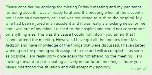 Apology message to boss for missing a meeting