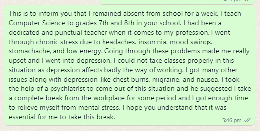 Excuse Message of Absence from School due to Depression