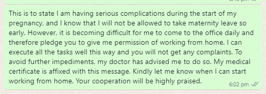 Request Message to Work from Home due to Pregnancy
