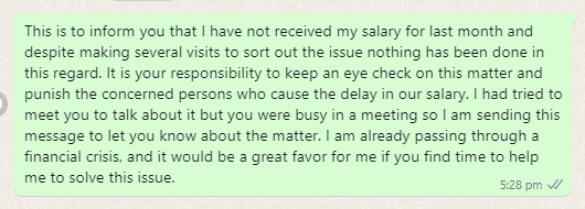 Salary delay message to boss