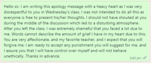 Apology Message to Teacher for Disrespectful Behavior