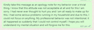 Apology message for unprofessional behavior