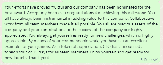 Message of Appreciation for Good Work done by Team