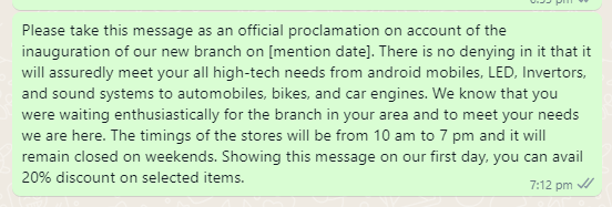 New Branch Opening Announcement Message