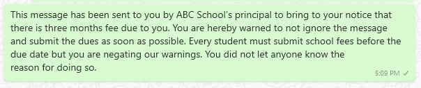 Warning Message to Student for Fee Submission